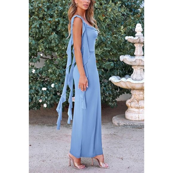 PRETTYGARDEN Women's Summer Long Light Blue Sleeveless Maxi Bodycon Dress - Picture 3 of 9